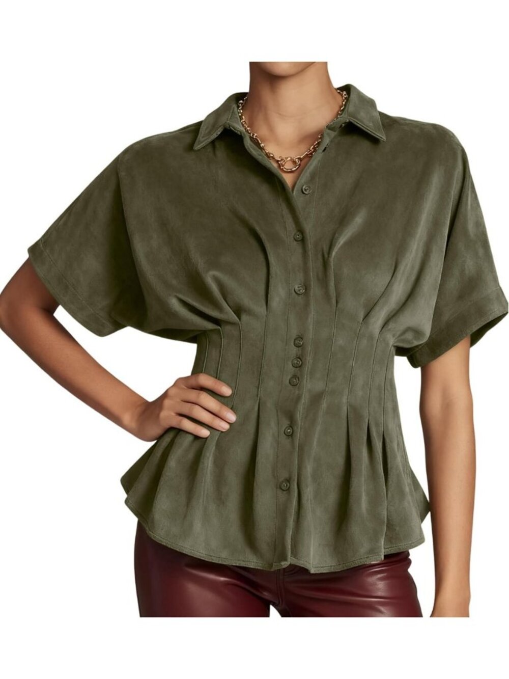 Faux Suede Button Down Peplum Top | Short Sleeve Flared Blouse for Women